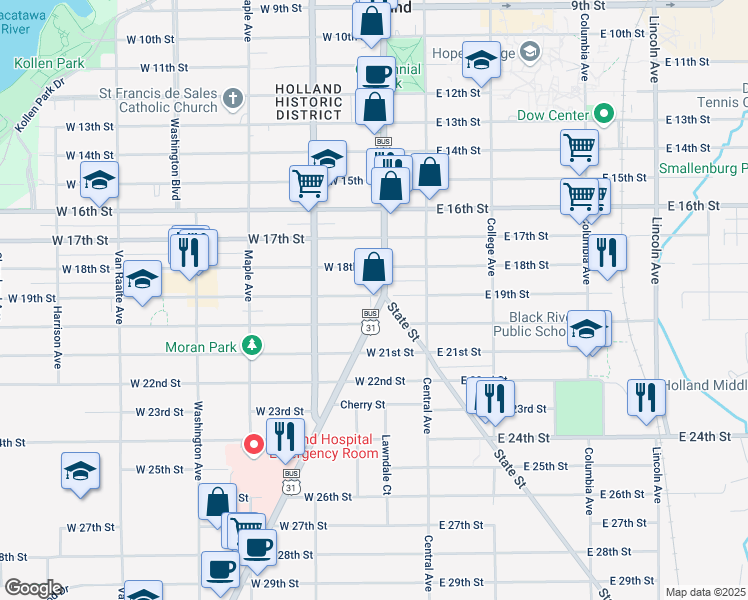 map of restaurants, bars, coffee shops, grocery stores, and more near 460 U.S. 31 Business in Holland