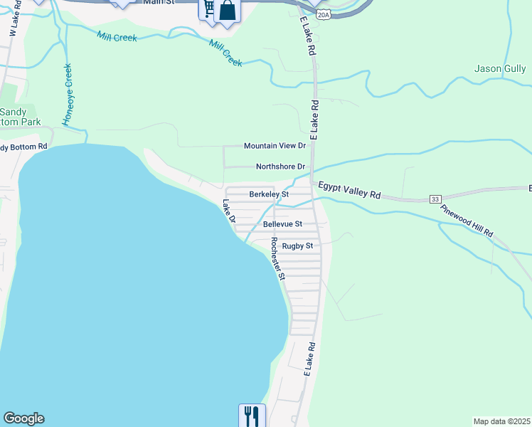 map of restaurants, bars, coffee shops, grocery stores, and more near 8500 Arlington Street in Honeoye