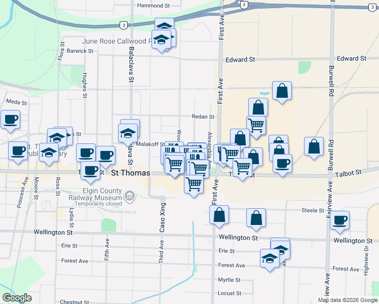 map of restaurants, bars, coffee shops, grocery stores, and more near 1009 Talbot Street in St. Thomas