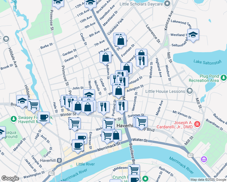 map of restaurants, bars, coffee shops, grocery stores, and more near 62 Portland Street in Haverhill