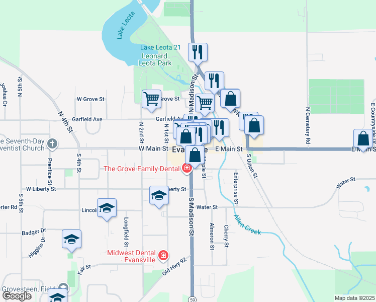 map of restaurants, bars, coffee shops, grocery stores, and more near 3 West Main Street in Evansville