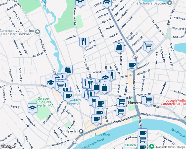 map of restaurants, bars, coffee shops, grocery stores, and more near 99 Primrose Street in Haverhill
