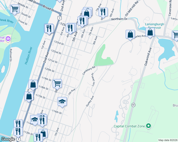 map of restaurants, bars, coffee shops, grocery stores, and more near 227 Cemetery Road in Troy