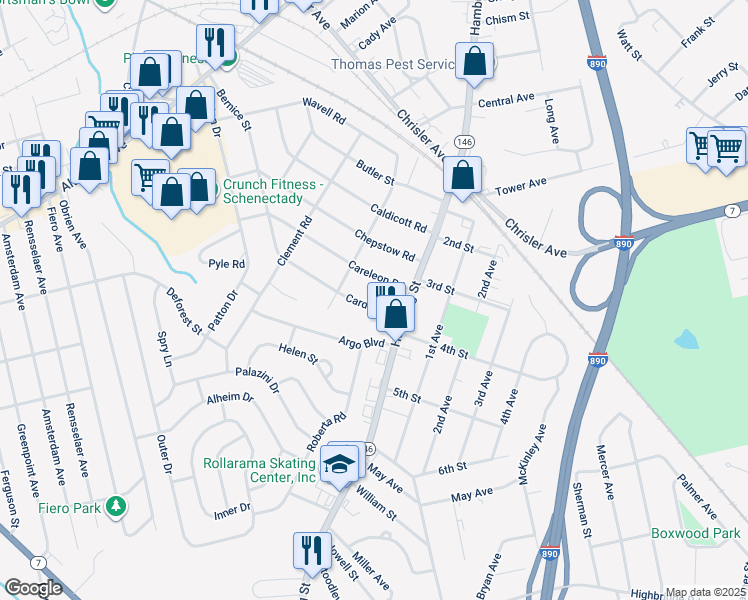 map of restaurants, bars, coffee shops, grocery stores, and more near 2004 Cardiff Road in Schenectady