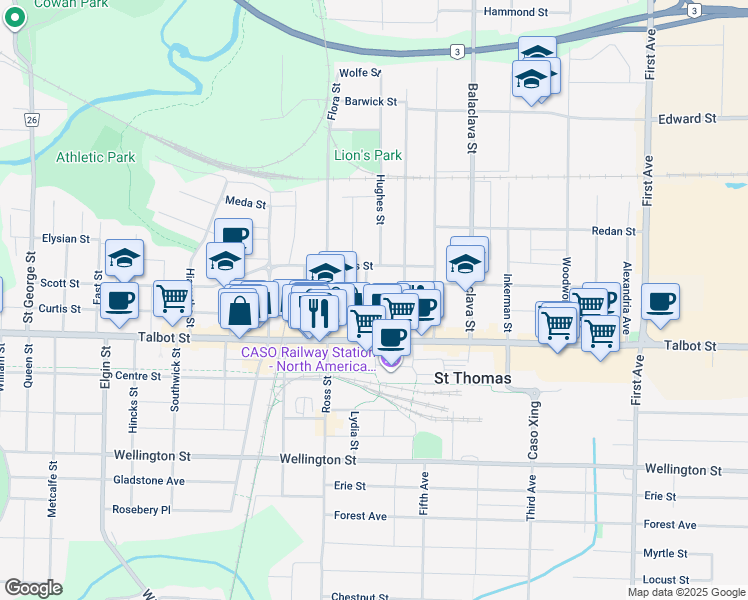 map of restaurants, bars, coffee shops, grocery stores, and more near 28 Horton Street in St. Thomas