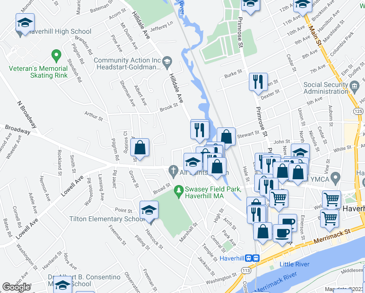 map of restaurants, bars, coffee shops, grocery stores, and more near 23 Lafayette Street in Haverhill