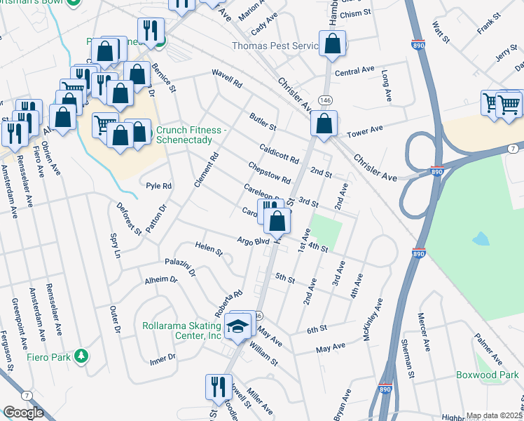 map of restaurants, bars, coffee shops, grocery stores, and more near 2004 Cardiff Road in Schenectady