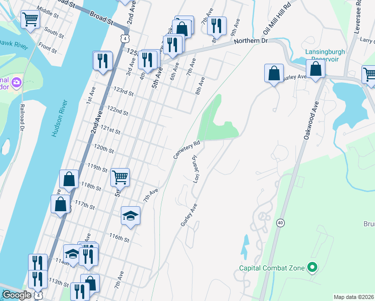 map of restaurants, bars, coffee shops, grocery stores, and more near 227 Cemetery Road in Troy