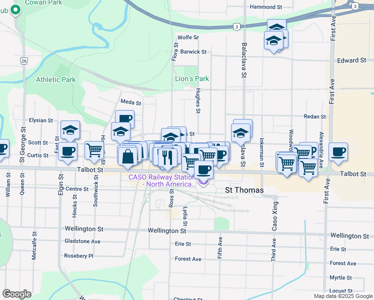 map of restaurants, bars, coffee shops, grocery stores, and more near 28 Horton Street in St. Thomas