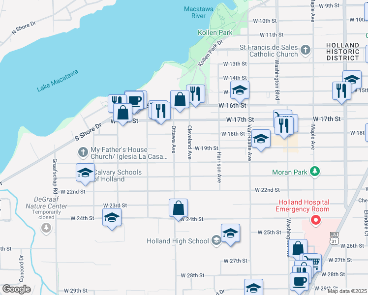 map of restaurants, bars, coffee shops, grocery stores, and more near 459 Cleveland Avenue in Holland