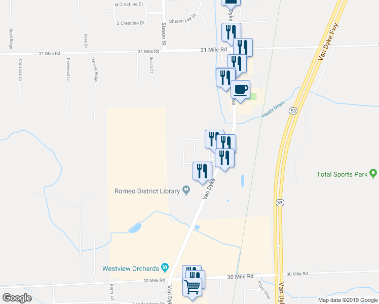 map of restaurants, bars, coffee shops, grocery stores, and more near 66011 Van Dyke in Washington