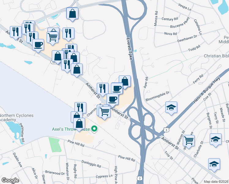 map of restaurants, bars, coffee shops, grocery stores, and more near 72 Profile Circle in Nashua