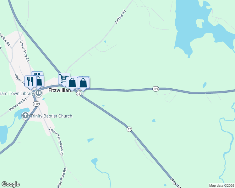 map of restaurants, bars, coffee shops, grocery stores, and more near 66 New Hampshire 119 in Fitzwilliam