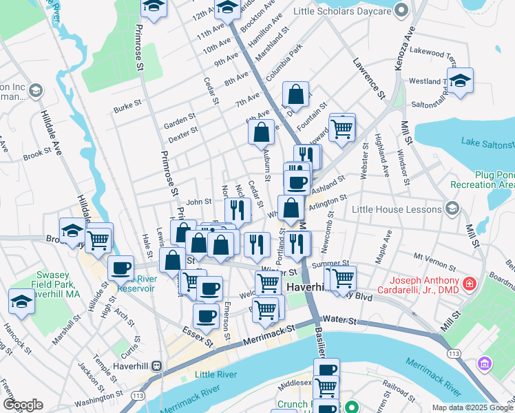 map of restaurants, bars, coffee shops, grocery stores, and more near 8 Cedar Street in Haverhill