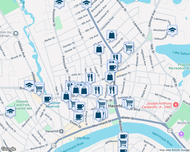 map of restaurants, bars, coffee shops, grocery stores, and more near 3 Nichols Street in Haverhill