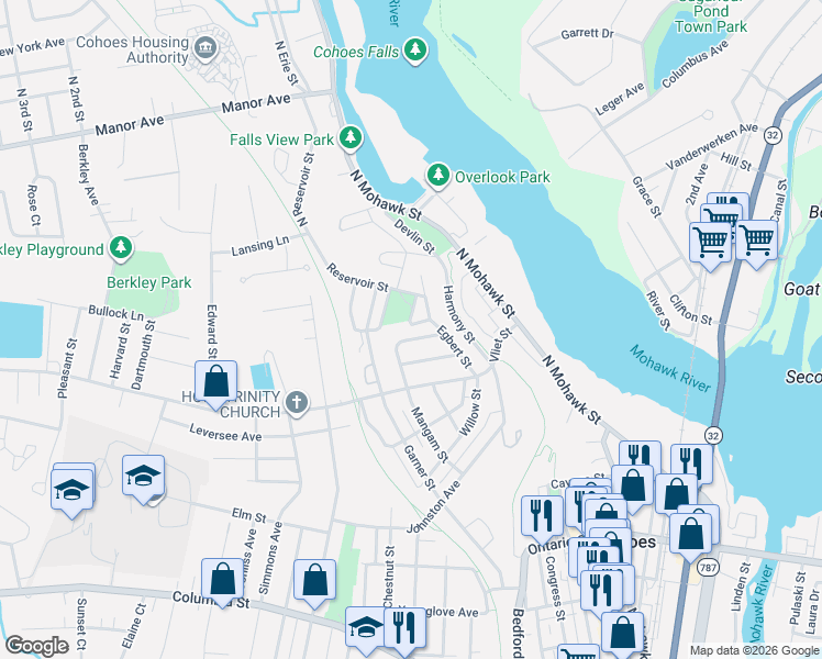 map of restaurants, bars, coffee shops, grocery stores, and more near 20 Jay Street in Cohoes