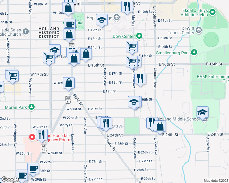 map of restaurants, bars, coffee shops, grocery stores, and more near 84 East 19th Street in Holland