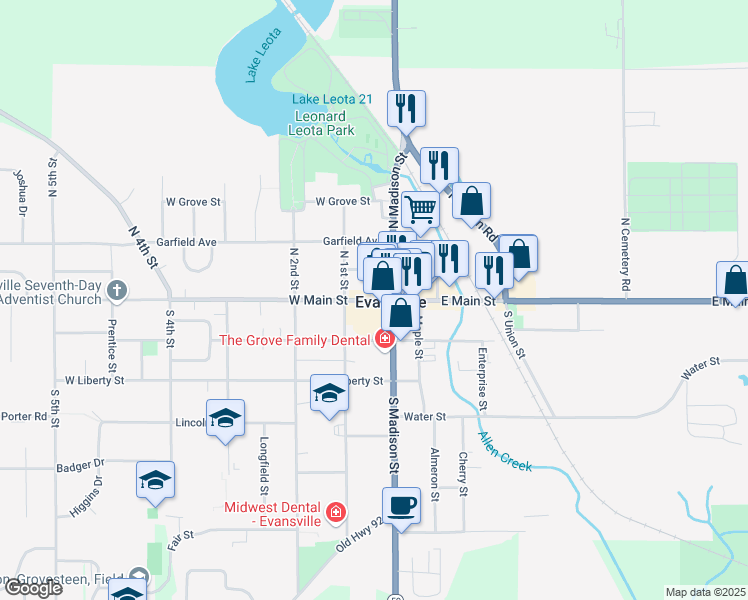 map of restaurants, bars, coffee shops, grocery stores, and more near 39 West Main Street in Evansville