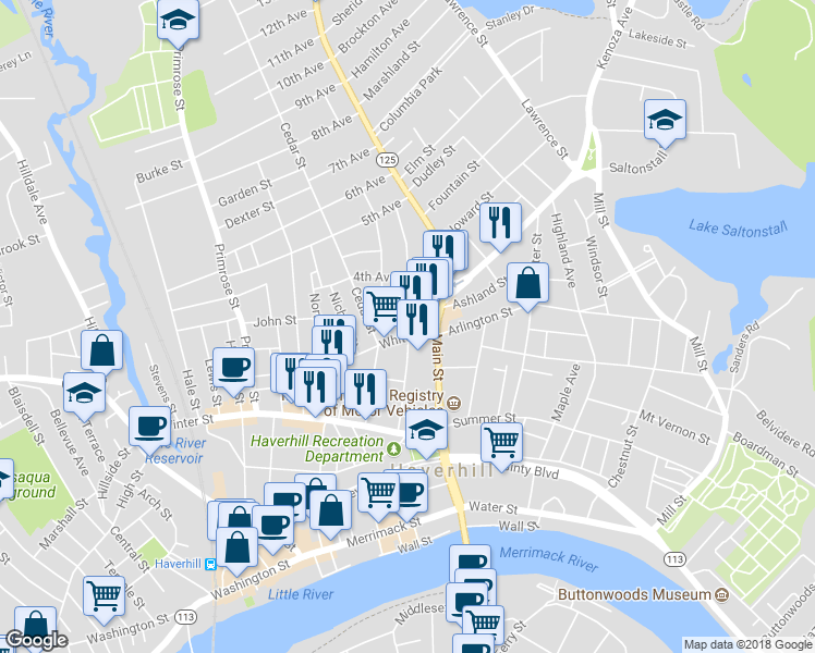 map of restaurants, bars, coffee shops, grocery stores, and more near 66 Portland Street in Haverhill