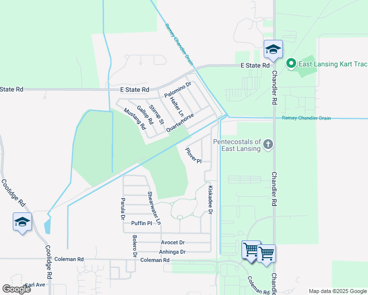 map of restaurants, bars, coffee shops, grocery stores, and more near 3853 Plover Place in East Lansing