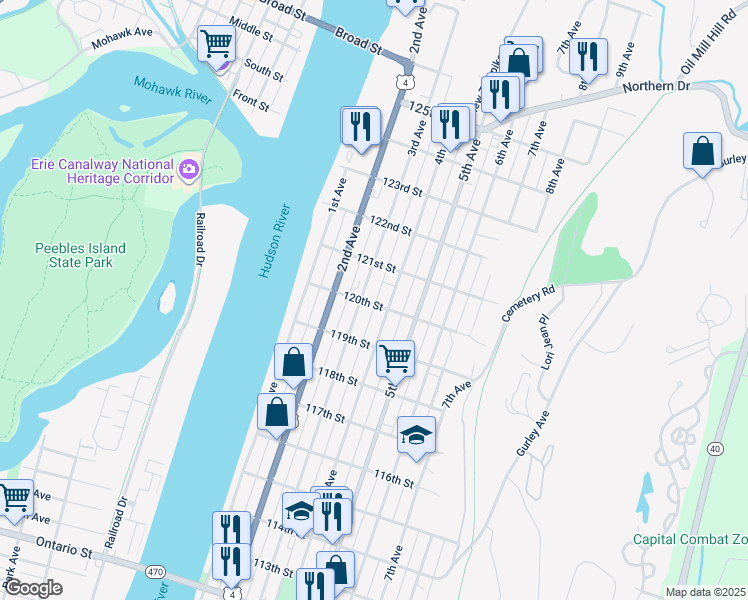 map of restaurants, bars, coffee shops, grocery stores, and more near 19 120th Street in Troy
