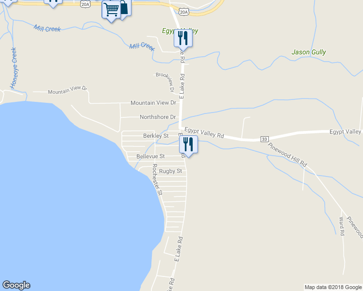 map of restaurants, bars, coffee shops, grocery stores, and more near East Lake Road & East Sedgwick Street in Honeoye
