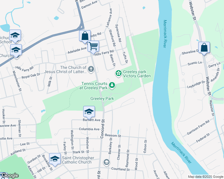 map of restaurants, bars, coffee shops, grocery stores, and more near 105 Concord Street in Nashua