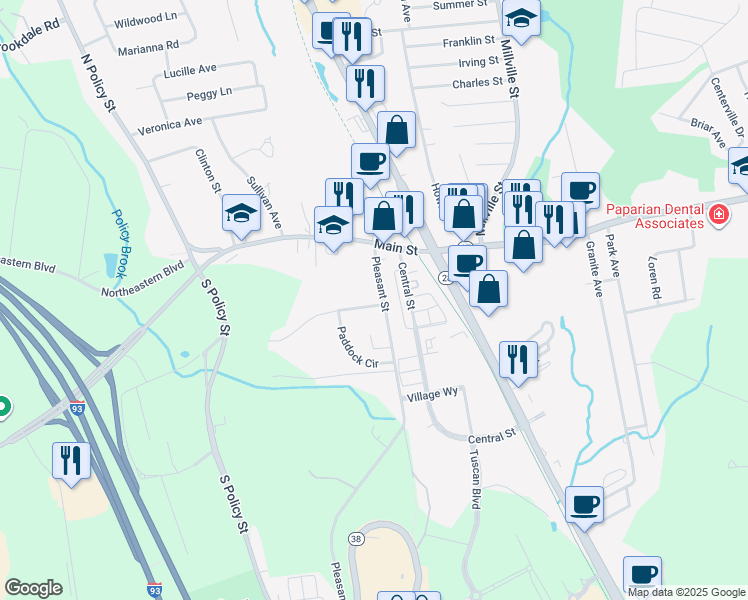 map of restaurants, bars, coffee shops, grocery stores, and more near 18 Pleasant Street in Salem