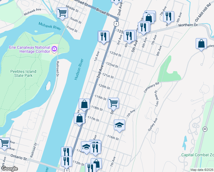 map of restaurants, bars, coffee shops, grocery stores, and more near 723 4th Avenue in Troy