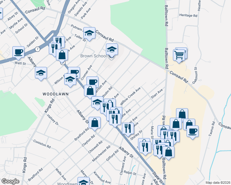 map of restaurants, bars, coffee shops, grocery stores, and more near 21 Marshall Avenue in Schenectady