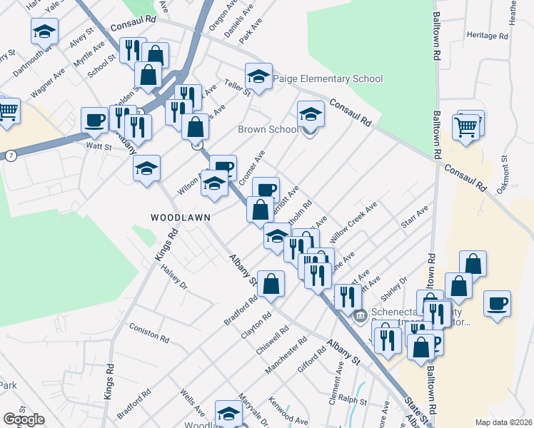 map of restaurants, bars, coffee shops, grocery stores, and more near 1817 State Street in Schenectady