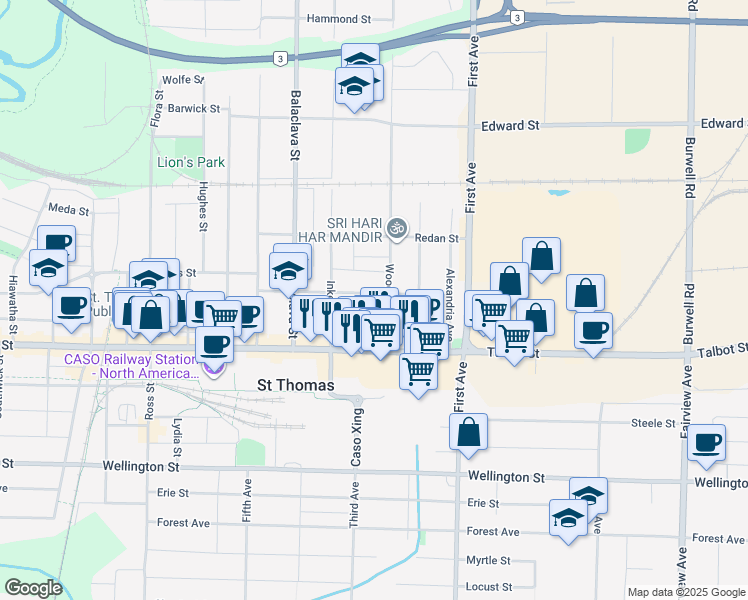 map of restaurants, bars, coffee shops, grocery stores, and more near in St. Thomas