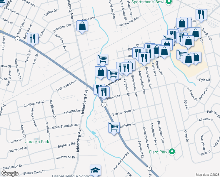 map of restaurants, bars, coffee shops, grocery stores, and more near 1725 Tower Street in Schenectady