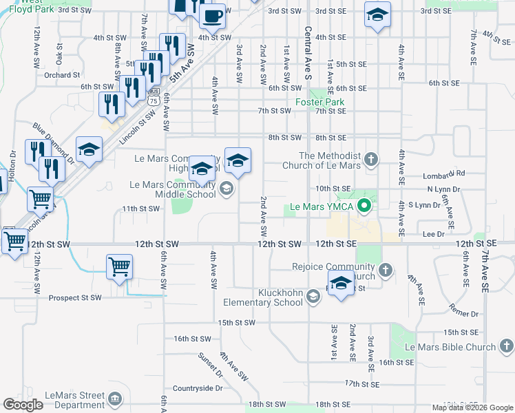 map of restaurants, bars, coffee shops, grocery stores, and more near 1001 2nd Avenue Southwest in Le Mars
