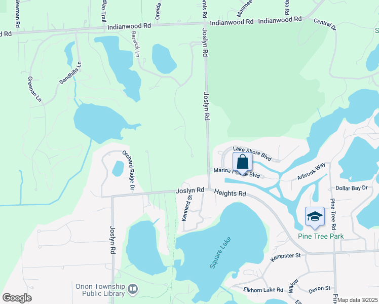 map of restaurants, bars, coffee shops, grocery stores, and more near 362 Kirksway Lane in Orion charter Township
