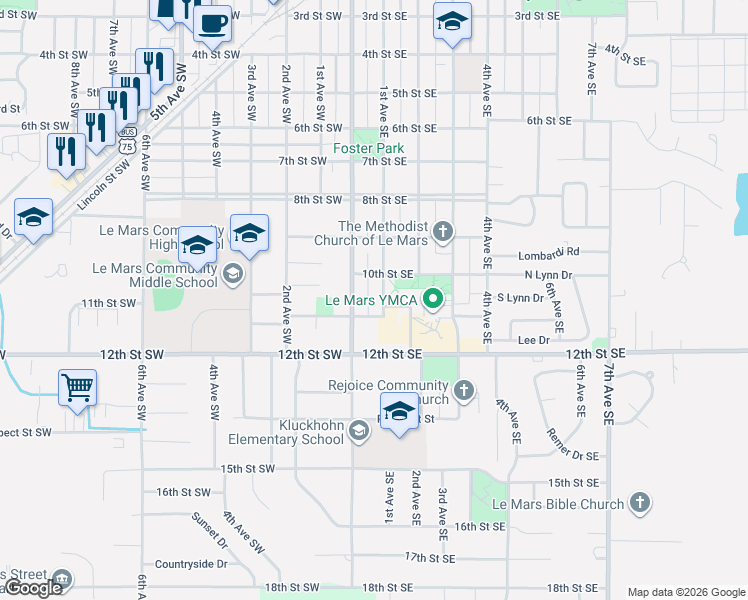 map of restaurants, bars, coffee shops, grocery stores, and more near 1027-1037 1st Avenue Southeast in Le Mars