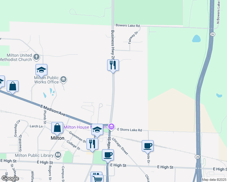 map of restaurants, bars, coffee shops, grocery stores, and more near 187 North Janesville Street in Milton