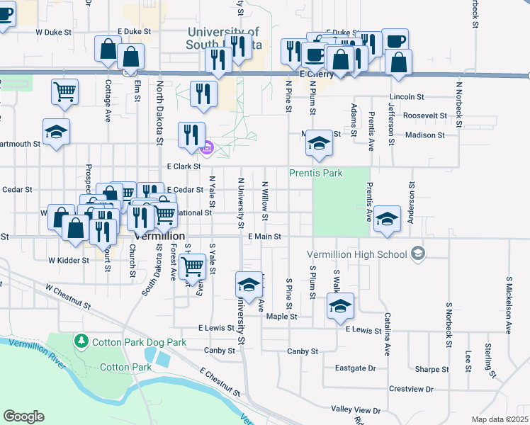 map of restaurants, bars, coffee shops, grocery stores, and more near 99 North Willow Street in Vermillion