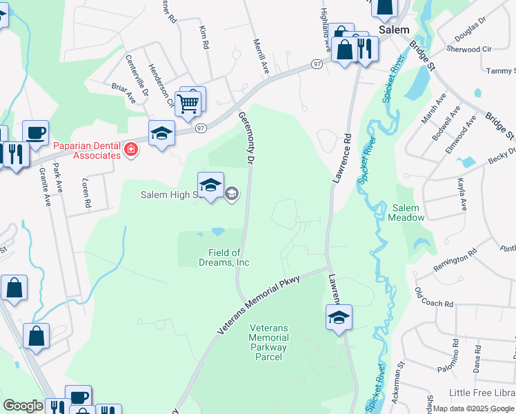 map of restaurants, bars, coffee shops, grocery stores, and more near 33 Geremonty Drive in Salem