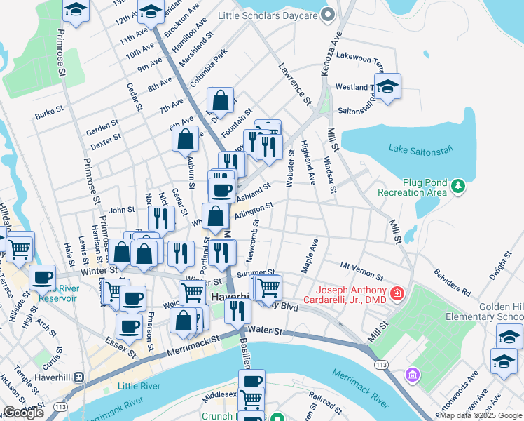 map of restaurants, bars, coffee shops, grocery stores, and more near 52 Newcomb Street in Haverhill