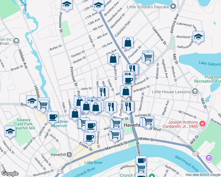 map of restaurants, bars, coffee shops, grocery stores, and more near 3 Nichols Street in Haverhill
