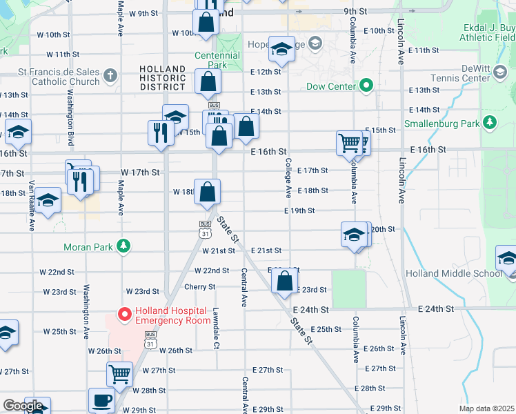 map of restaurants, bars, coffee shops, grocery stores, and more near 24 East 19th Street in Holland