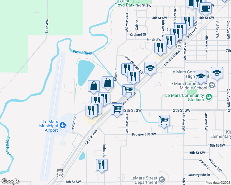 map of restaurants, bars, coffee shops, grocery stores, and more near 1116 Holton Drive in Le Mars