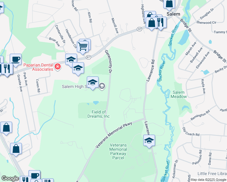 map of restaurants, bars, coffee shops, grocery stores, and more near 33 Geremonty Drive in Salem