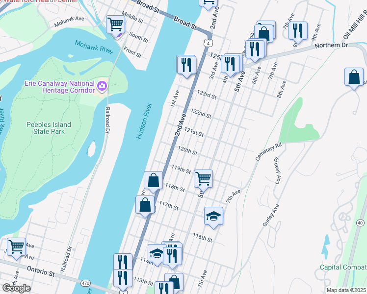 map of restaurants, bars, coffee shops, grocery stores, and more near 713 3rd Avenue in Troy