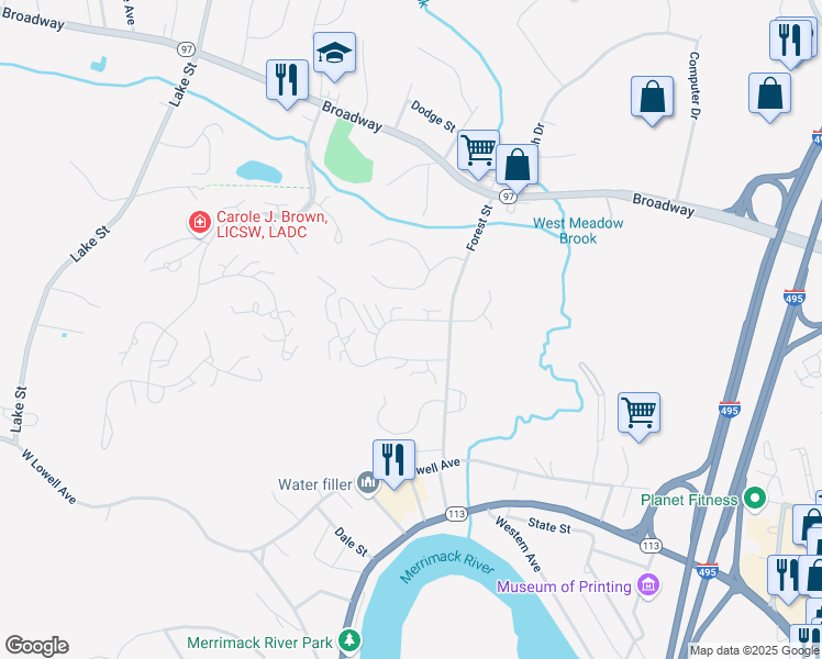 map of restaurants, bars, coffee shops, grocery stores, and more near 130 Forest Street in Haverhill
