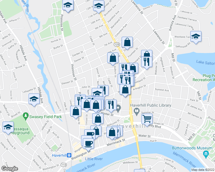 map of restaurants, bars, coffee shops, grocery stores, and more near 3 Nichols Street in Haverhill