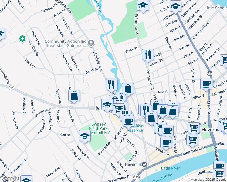 map of restaurants, bars, coffee shops, grocery stores, and more near 58 Hilldale Avenue in Haverhill