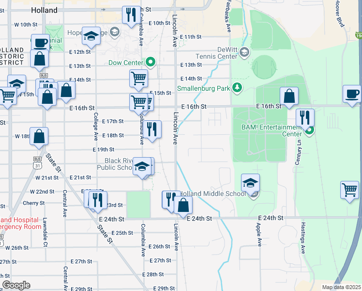 map of restaurants, bars, coffee shops, grocery stores, and more near 487 Lincoln Avenue in Holland