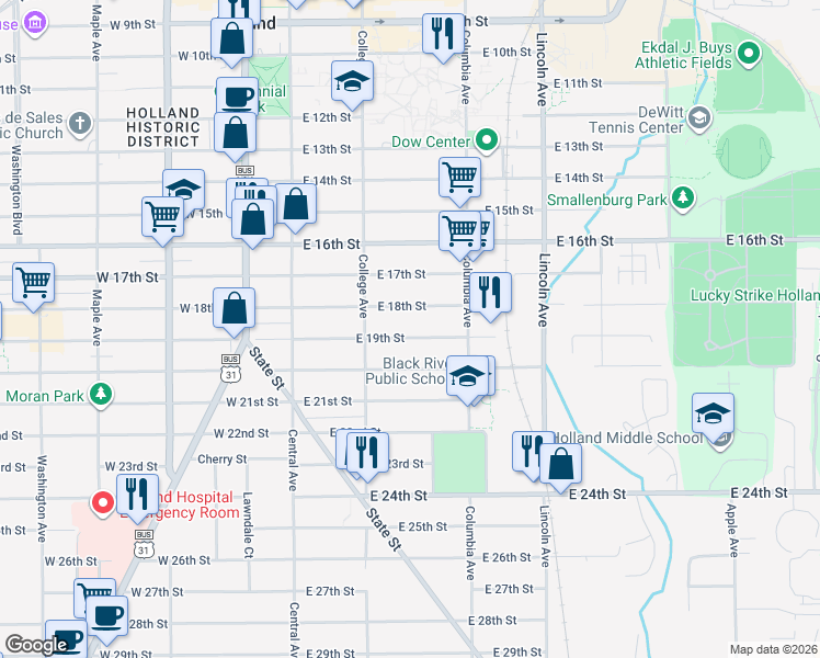 map of restaurants, bars, coffee shops, grocery stores, and more near 84 East 19th Street in Holland